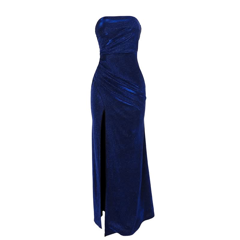 Slit ruched irregular zip-up tube maxi dress