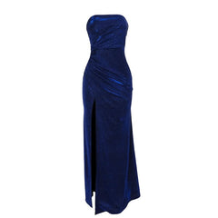 Slit ruched irregular zip-up tube maxi dress
