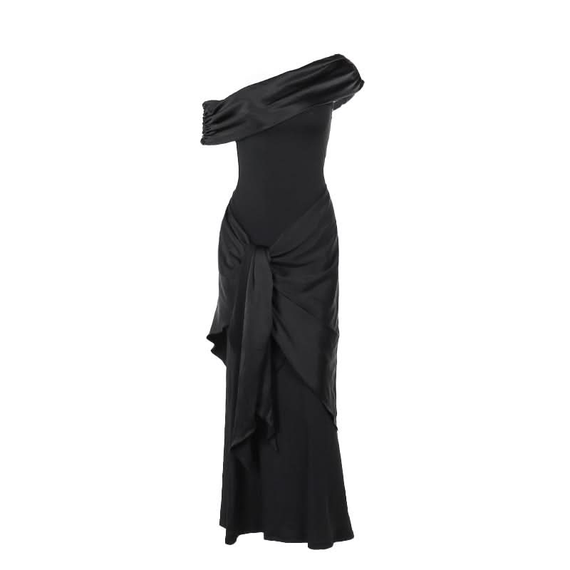 One shoulder ruched irregular satin maxi dress