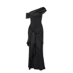 One shoulder ruched irregular satin maxi dress