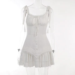 Self tie ruched lace hem zip-up cami mini dress