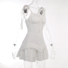 Self tie ruched lace hem zip-up cami mini dress