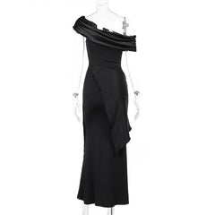One shoulder ruched irregular satin maxi dress