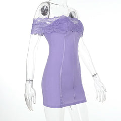 Purple off shoulder lace backless mini dress