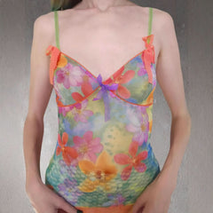 V neck bowknot flower print cami top