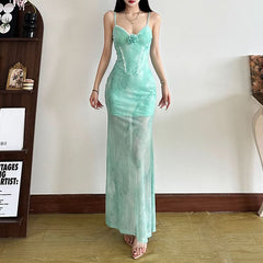 Flower applique contrast lace hem cami maxi dress