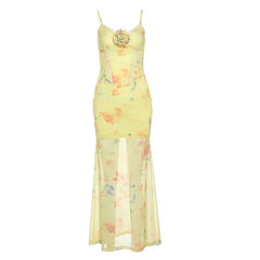 Flower applique contrast lace hem cami maxi dress