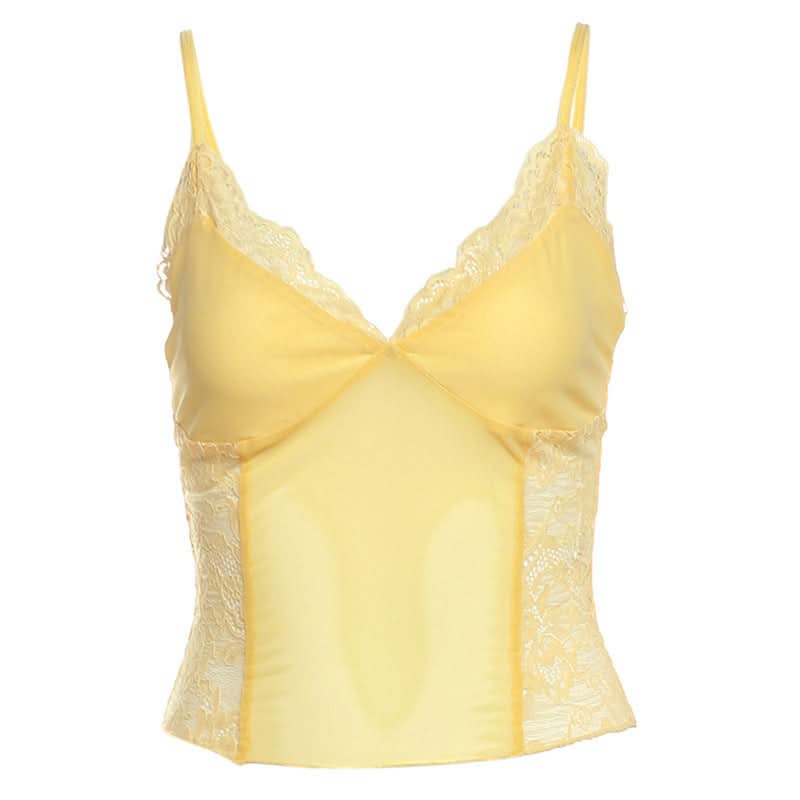 V neck lace mesh patchwork cami top