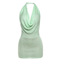 Halter cowl neck knitted backless mini dress
