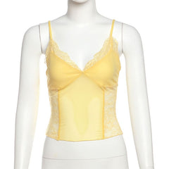 V neck lace mesh patchwork cami top
