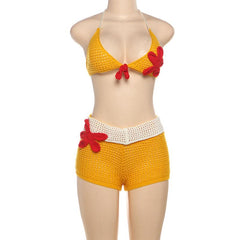 Halter flower applique backless short pant set