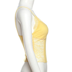 V neck lace mesh patchwork cami top