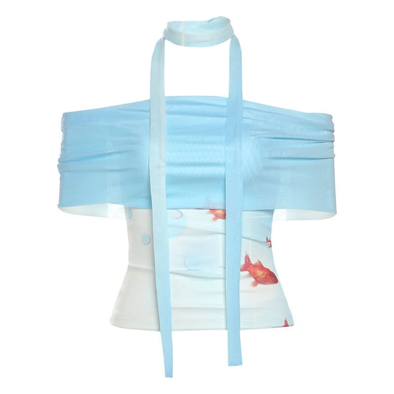 Off shoulder mesh fish print top