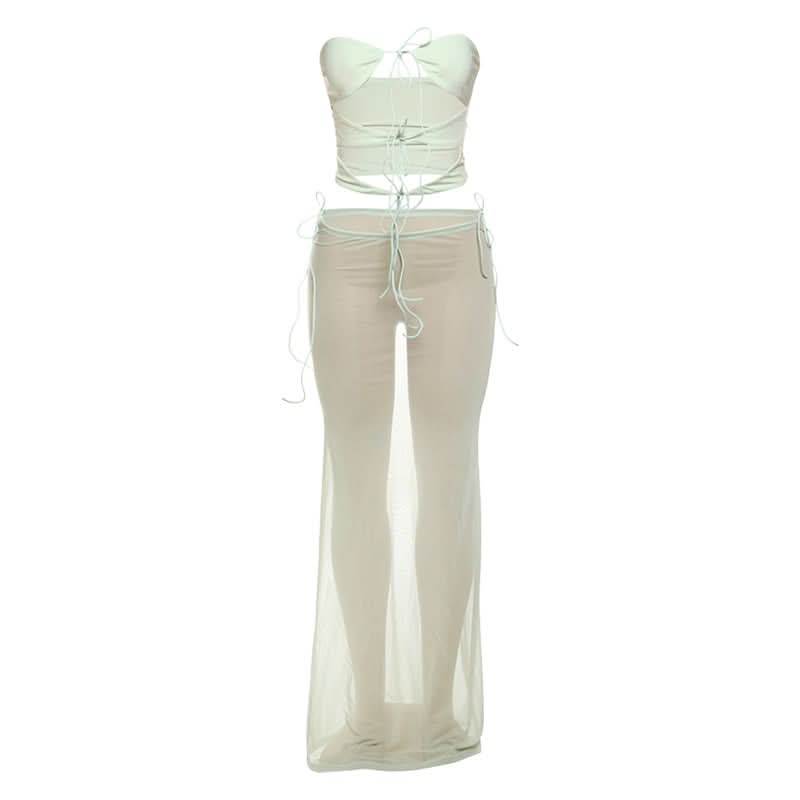 Self tie hollow out mesh maxi skirt set