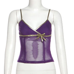 V neck mesh bowknot cami top