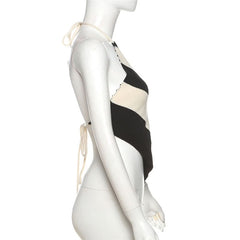 Halter striped self tie backless top