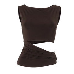 Sleeveless hollow out metal applique ruched cut out top