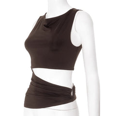 Sleeveless hollow out metal applique ruched cut out top