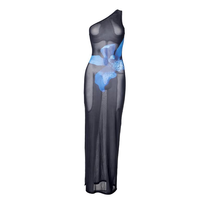 One shoulder flower print mesh maxi dress