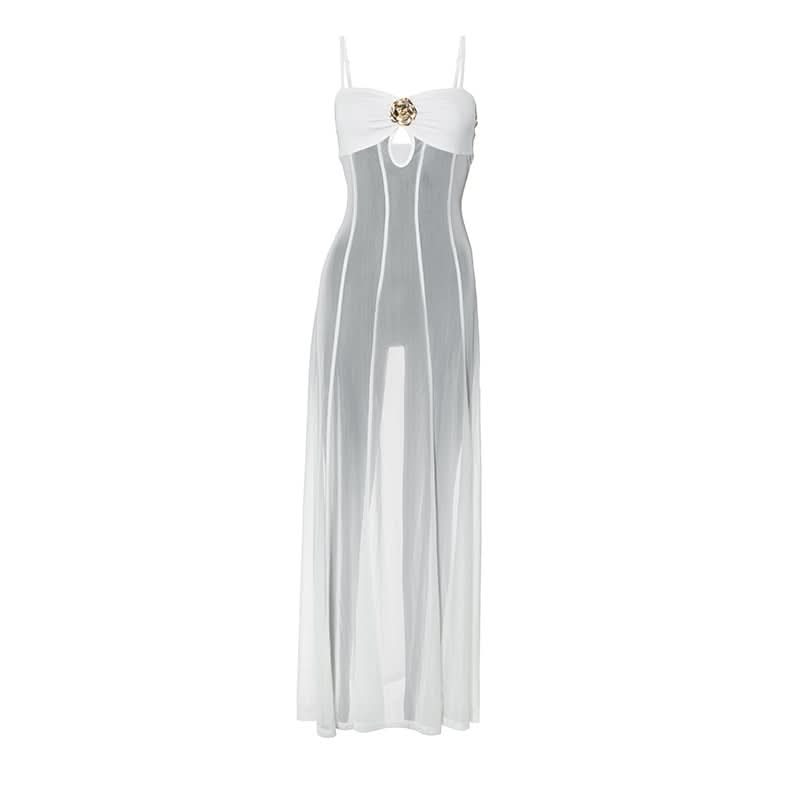 Mesh hollow out flower applique cami cut out maxi dress