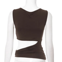 Sleeveless hollow out metal applique ruched cut out top