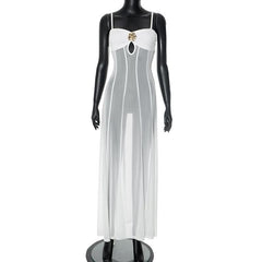 Mesh hollow out flower applique cami cut out maxi dress