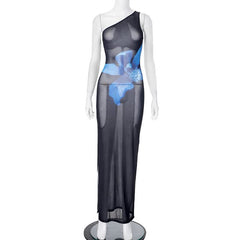One shoulder flower print mesh maxi dress