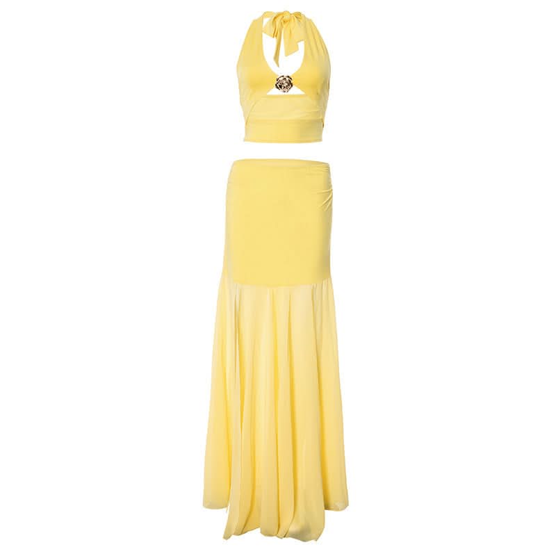Halter flower applique hollow out maxi skirt set
