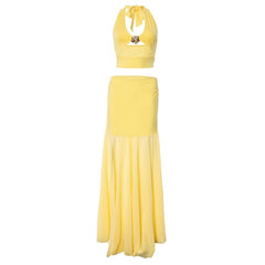 Halter flower applique hollow out maxi skirt set