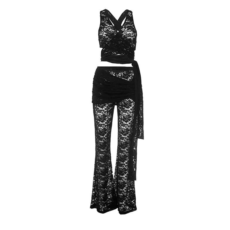 V neck lace knotted cross back pant set