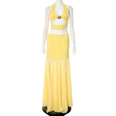 Halter flower applique hollow out maxi skirt set