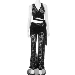 V neck lace knotted cross back pant set