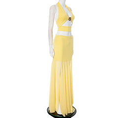 Halter flower applique hollow out maxi skirt set
