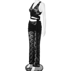 V neck lace knotted cross back pant set