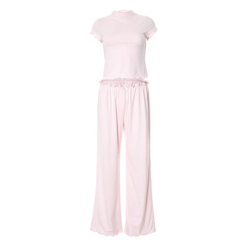 Short sleeve ruffle bowknot pant set