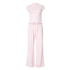 Short sleeve ruffle bowknot pant set