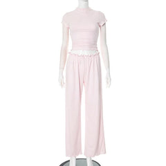 Short sleeve ruffle bowknot pant set