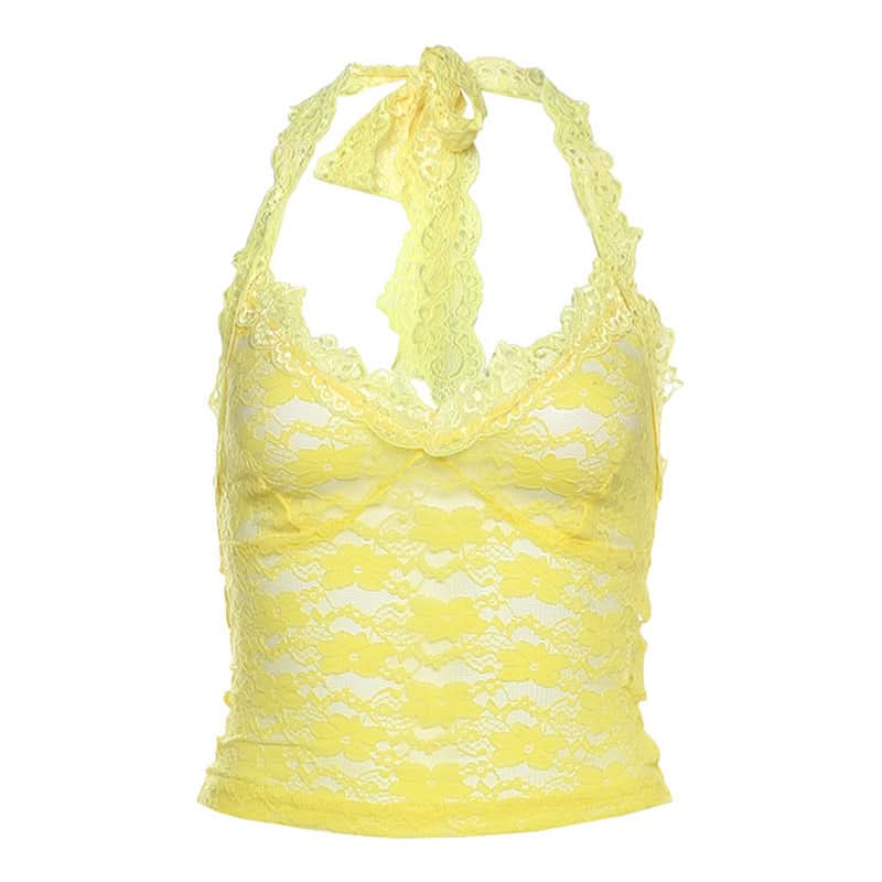 V neck lace halter self tie top