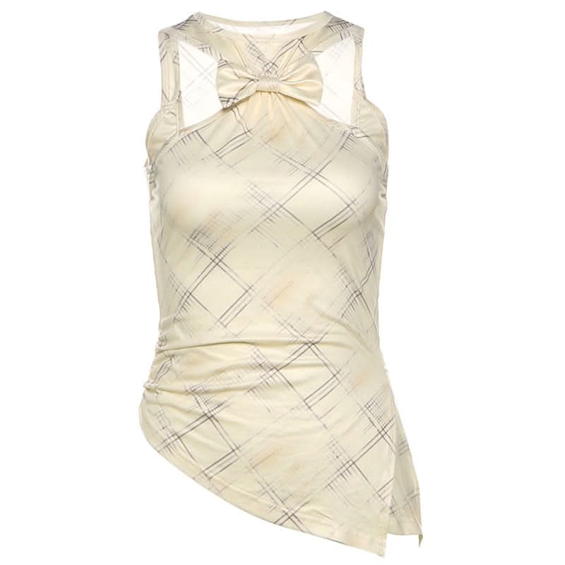 Bowknot hollow out plaid tank cut out top