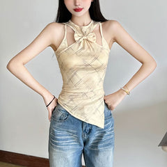 Bowknot hollow out plaid tank cut out top