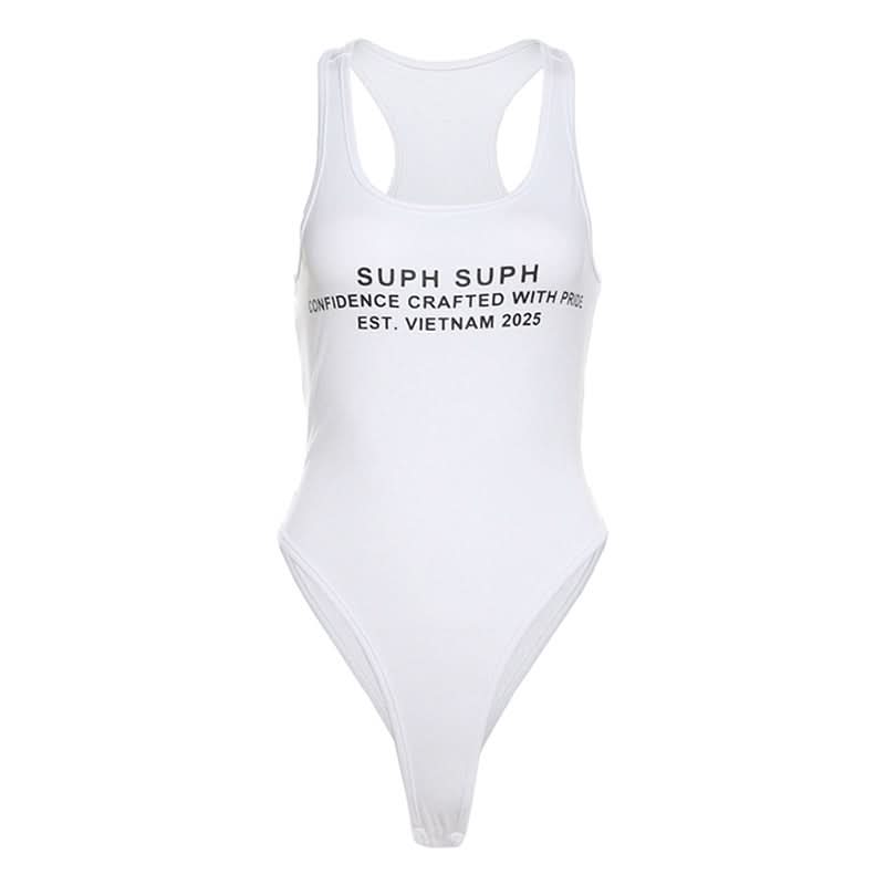 U neck letter print tank bodysuit