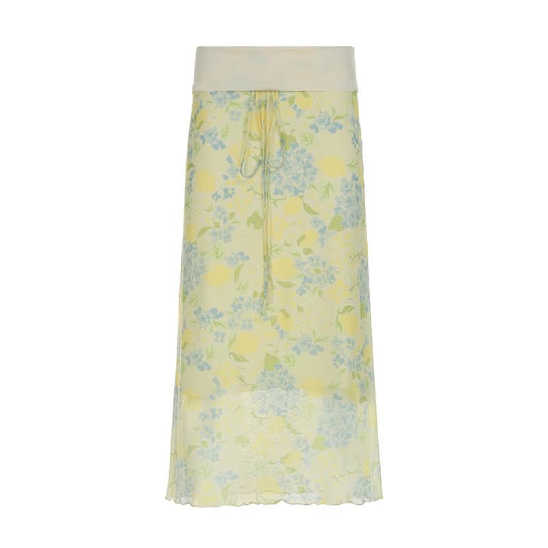 Flower print ruffle self tie maxi skirt