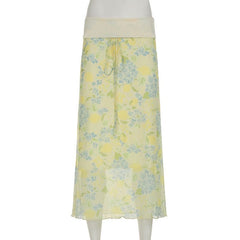 Flower print ruffle self tie maxi skirt