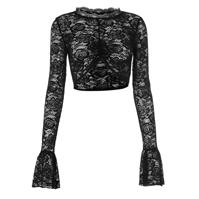 Long flared sleeve lace ruched crop top