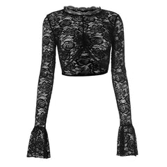Long flared sleeve lace ruched crop top