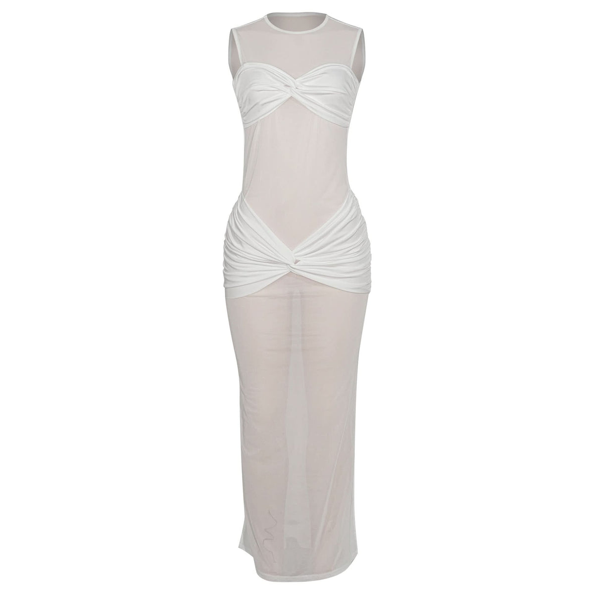 Crewneck sleeveless mesh patchwork ruched maxi dress