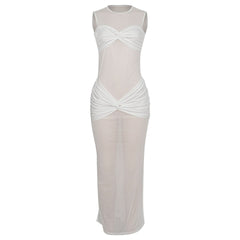Crewneck sleeveless mesh patchwork ruched maxi dress