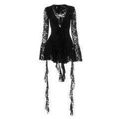 Long flared sleeve lace self tie mini dress
