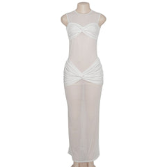 Crewneck sleeveless mesh patchwork ruched maxi dress