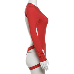 Long sleeve crewneck backless hollow out bodysuit